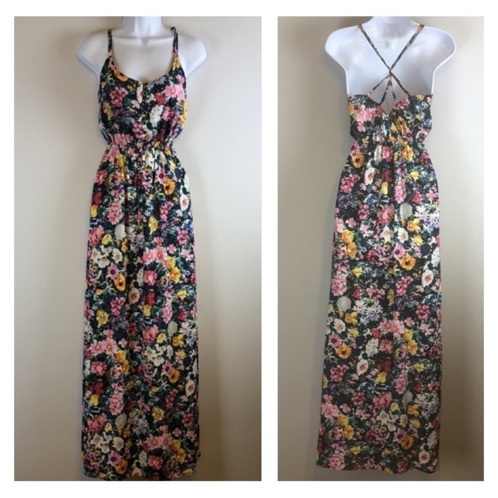 Yumi Kim “Malu” Maxi Dress Vibrant Floral Print Strappy Pockets XS Flowy Summer